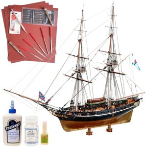 Бриг Меркурий, модель парусного корабля, М. 1:72, подарочный набор для сборки + держатели + инструменты + лак и клей