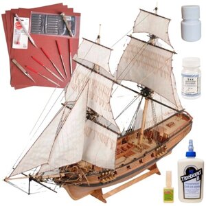 Бригантина Феникс Улучшенная, модель парусного корабля, М. 1:72, подарочный набор для сборки +подставка + инструменты + краска, лак и клей
