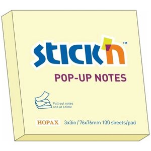 Бумага для заметок с клеевым краем STICK'N HOPAX POP-UP, 76*76 мм, желтый, 100 л (в упаковке 12 блоков)