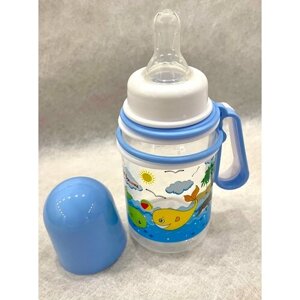 Бутылочка Бусинка детская для кормления / молока / воды / смеси, 125мл, с ручками, 1107 голубой с белым