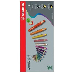 Цветной карандаш + акварель + восковой мелок STABILO Woody 3 в 1 утолщенные, 18 цветов