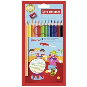 Цветные карандаши утолщенные в выдвигающейся коробке-пенале + точилка STABILO Jumbo, 12 цветов