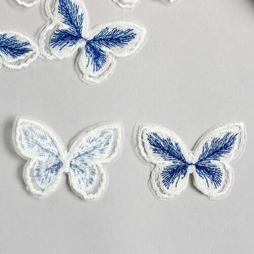 Декор для творчества текстиль вышивка Бабочка бело-синяя двойные крылья 3,7х4,5 см /по 6 шт от компании М.Видео - фото 1
