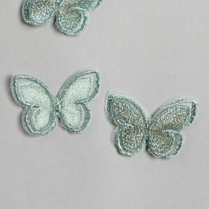 Декор для творчества текстиль вышивка "Бабочка зелёная" двойные крылья 3,7х5 см6 шт.