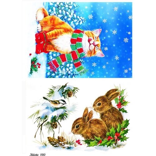 Декупажная карта А4 рисовая салфетка 1410 зима новый год кролик кот заяц птицы винтаж крафт DIY Milotto от компании М.Видео - фото 1
