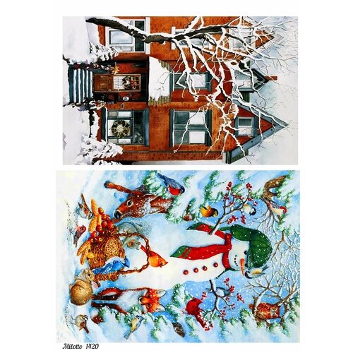 Декупажная карта А4 рисовая салфетка 1420 новый год зима дом снеговик винтаж крафт DIY Milotto от компании М.Видео - фото 1
