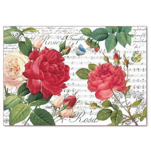 Декупажная карта - Ноты и красные розы, на рисовой бумаге, 48 х 33 см, 1 шт. от компании М.Видео - фото 1
