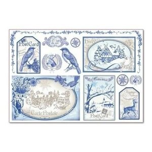 Декупажная карта - Синие открытки, на рисовой бумаге, 48 х 33 см, 1 шт.