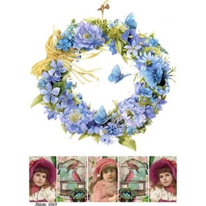 Декупажная рисовая карта А4 салфетка 0369 цветы голубой венок девочки винтаж крафт DIY Milotto