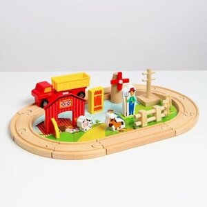 Деревянная игрушка "Железная дорога + ферма" 23 детали, 32х5х17 см