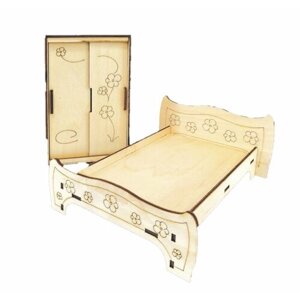 Деревянная мебель для кукольного домика "Кровать со шкафом - 1" для кукол 7-13 см