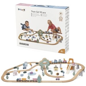 Деревянная железная дорога Viga Toys PolarB 44067 с аксессуарами 90 деталей для малышей вига