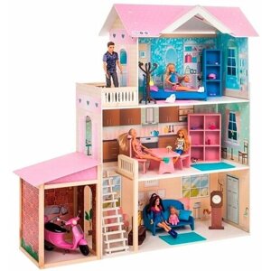 Деревянный дом кукольный Розали Гранд с мебелью 11 предметов в наборе и с гаражом, для кукол 30 см