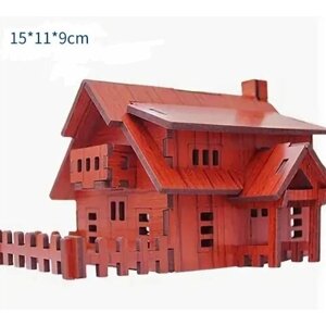 Деревянный конструктор, "Дом двухэтажный с забором", красное дерево