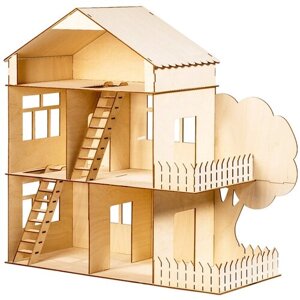 Деревянный Кукольный домик №10-2 "С деревом"3 этажа, балкон, лужайка. заборчик) для кукол 15-20 см