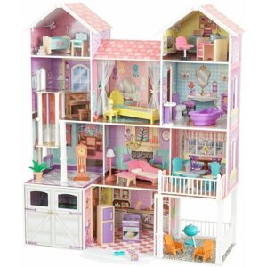 Деревянный кукольный домик "Загородная усадьба", с мебелью 31 предмет в наборе и с гаражом, для кукол 30 см 65242_KE
