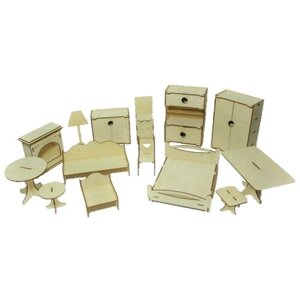 Деревянный набор мебели №2 в кукольный домик (14 предметов) для кукол 7-13 см