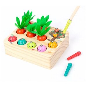 Деревянный сортер Морковки с магнитной рыбалкой и червячками для малышей, развивающая игра по методике Монтессори