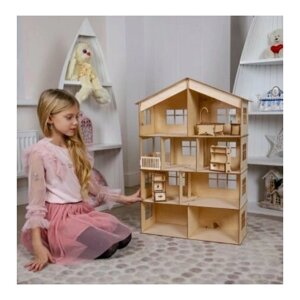 Деревянный Высотный домик "Малый"4 этажа) для кукол 7-13 см ВхШхГ: 60 х 40 х 16 см
