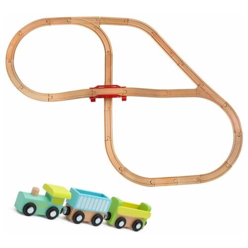 Детская деревянная железная дорога, Набор деревянных рельс с поездом, 32 элемента от компании М.Видео - фото 1