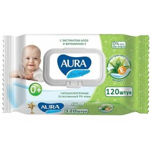 Детские влажные салфетки Aura Ultra Comfort с экстрактом алоэ и витамином Е, 120 шт