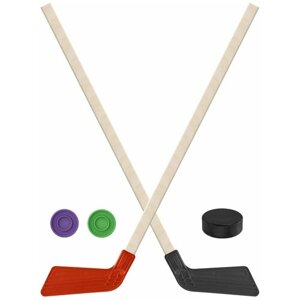 Детский хоккейный набор для игр на улице, свежем воздухе 2 Клюшки хоккейных красная и чёрная 80 см. 2 шайбы + Шайба хоккейная 75 мм.