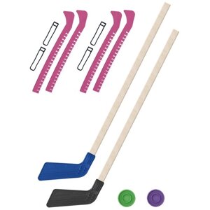 Детский хоккейный набор для игр на улице, свежем воздухе 2 Клюшки хоккейных синяя и чёрная 80 см. 2 шайбы + Чехлы для коньков розовые - 2 шт.