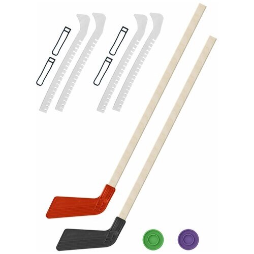 Детский хоккейный набор для игр на улице, свежем воздухе для зимы для лета 2 Клюшки хоккейных красная и чёрная 80 см.+2 шайбы + Чехлы для коньков белые - 2 шт. от компании М.Видео - фото 1