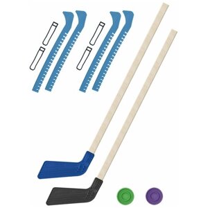 Детский хоккейный набор для игр на улице, свежем воздухе для зимы для лета 2 Клюшки хоккейных синяя и чёрная 80 см. 2 шайбы + Чехлы для коньков голубые - 2 шт.
