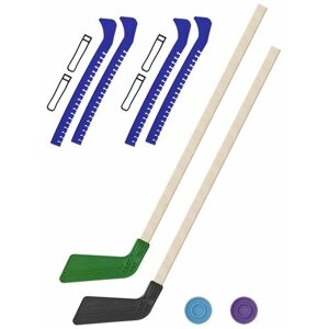 Детский хоккейный набор для игр на улице, свежем воздухе для зимы для лета 2 Клюшки хоккейных зелёная и чёрная 80 см. 2 шайбы + Чехлы для коньков фиолетовые - 2 шт.