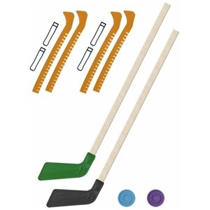Детский хоккейный набор для игр на улице, свежем воздухе для зимы для лета 2 Клюшки хоккейных зелёная и чёрная 80 см. 2 шайбы + Чехлы для коньков желтые - 2 шт.