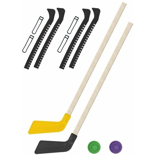 Детский хоккейный набор для игр на улице, свежем воздухе для зимы для лета 2 Клюшки хоккейных жёлтая и чёрная 80 см.+2 шайбы + Чехлы для коньков черные - 2 шт. от компании М.Видео - фото 1