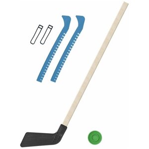 Детский хоккейный набор для игр на улице, свежем воздухе для зимы для лета Клюшка хоккейная чёрная 80 см. шайба + Чехлы для коньков голубые