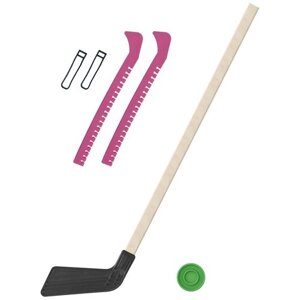 Детский хоккейный набор для игр на улице, свежем воздухе для зимы для лета Клюшка хоккейная чёрная 80 см. шайба + Чехлы для коньков розовые