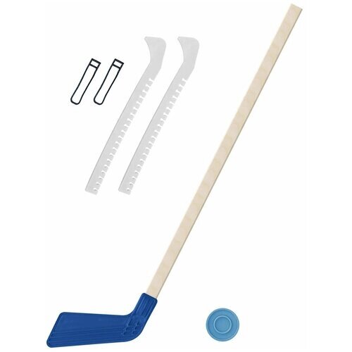 Детский хоккейный набор для игр на улице, свежем воздухе для зимы для лета Клюшка хоккейная синяя 80 см. + шайба + Чехлы для коньков голубые от компании М.Видео - фото 1
