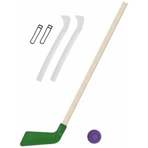 Детский хоккейный набор для игр на улице, свежем воздухе для зимы для лета Клюшка хоккейная зелёная 80 см. шайба + Чехлы для коньков белые