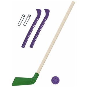 Детский хоккейный набор для игр на улице, свежем воздухе для зимы для лета Клюшка хоккейная зелёная 80 см. шайба + Чехлы для коньков красные