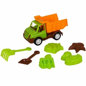 Детский игровой набор для песочницы с грузовиком 24 х 11 х 14 см, 4 формочки, лопатка и грабли 15 см, JB5300533