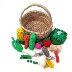 Детский игровой вязаный набор "Корзинка с овощами и грибами"игровая еда