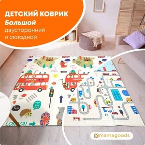 Детский коврик для ползания складной двухсторонний игровой термоковрик Mamagoods 150х200 Автобус и Городок