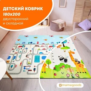 Детский коврик для ползания складной двухсторонний игровой термоковрик Mamagoods 180х200 Городок и Жирафы
