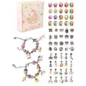 Детский подарочный набор для создания браслетов с шармами "Единорог"66 предметов для девочек, подарок для творчества, детская бижутерия