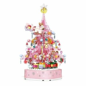 Детский развивающий конструктор блочный " Новогодняя елка - музыкальная шкатулка"675 деталей Розовая
