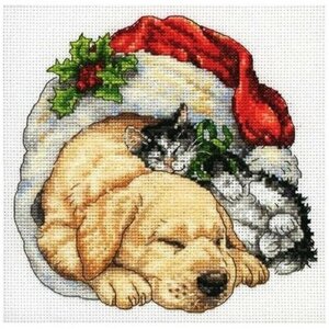 Dimensions Набор для вышивания крестиком Щенок и котенок рождественским утром 15 x 15 см (08826)