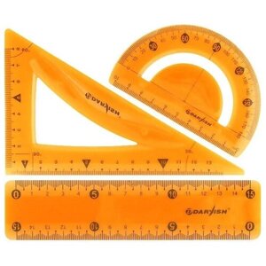 DV-7258 Набор геометрический 3 предмета мягкий пластик (линейка 15 см+ транспортир+ треугольник), оранжевый