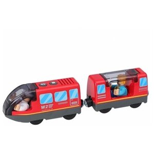 Электропоезд на батарейках для деревянной железной дороги, паровоз электрический с пассажирским вагоном