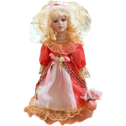 Фарфоровая коллекционная кукла в красивом бальном платье 30 см / Интерьерная куколка на подставке оранжевое платье