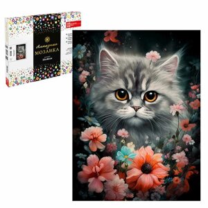 Феникс+ Набор для творчества Алмазная мозаика, котёнок В цветах, 30*40 см, 24 цветов страз, картонная коробка