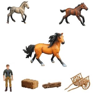 Фигурки животных серии "Мир лошадей"Лошадь и 2 жеребенка, фермер, телега (набор из 7 предметов)