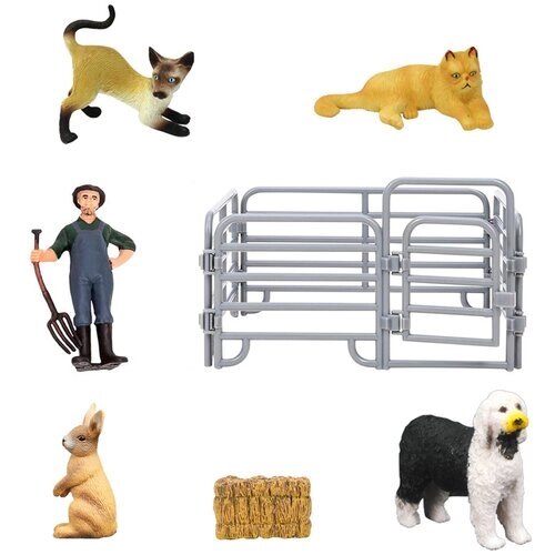 Фигурки животных серии "На ферме": 2 кошки, собака, кролик, фермер, ограждение (набор из 8 предметов) от компании М.Видео - фото 1